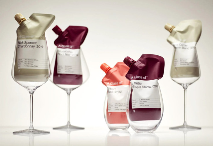 Single-serve wine pouches in glasses.