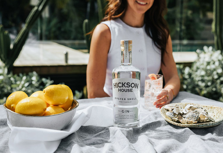 Hickson House gin bottle on an outdoor table.