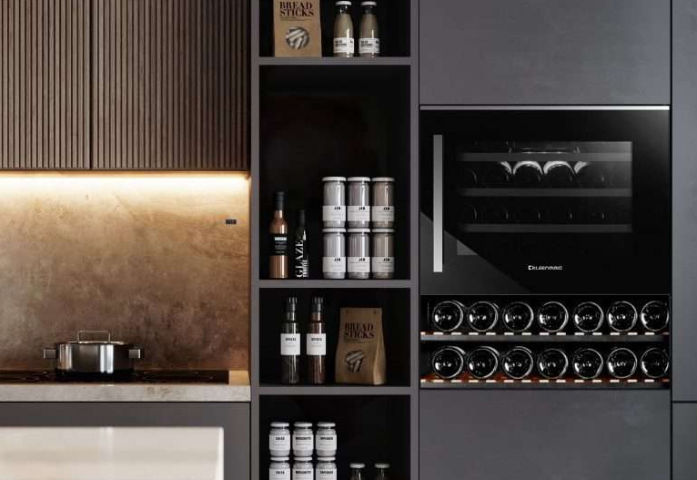 Kleenmaid built-in wine fridge in a black kitchen.