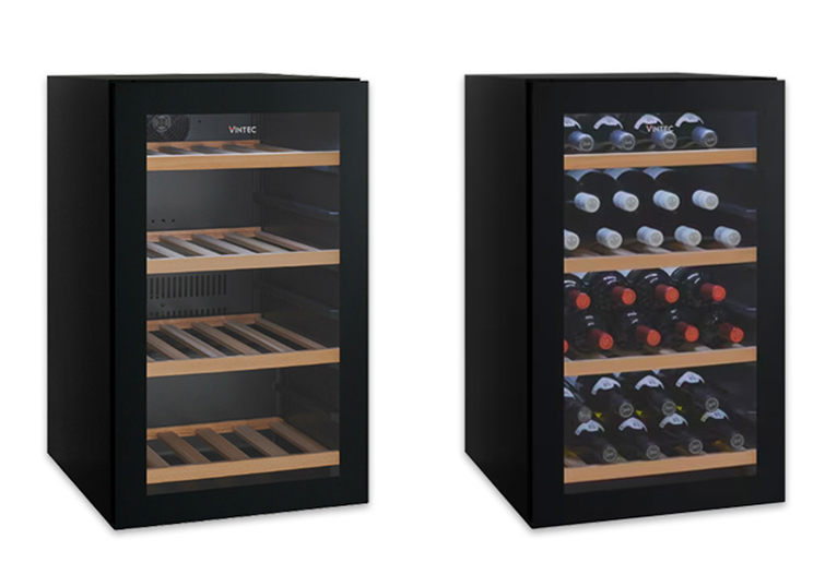 Vintec 35-bottle wine cabinet shown empty and full.