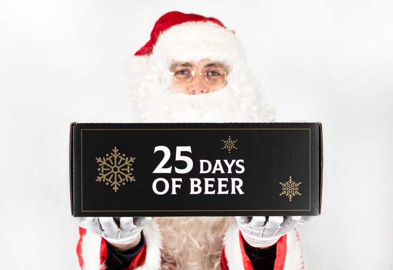 Santa holding a beer advent calendar.