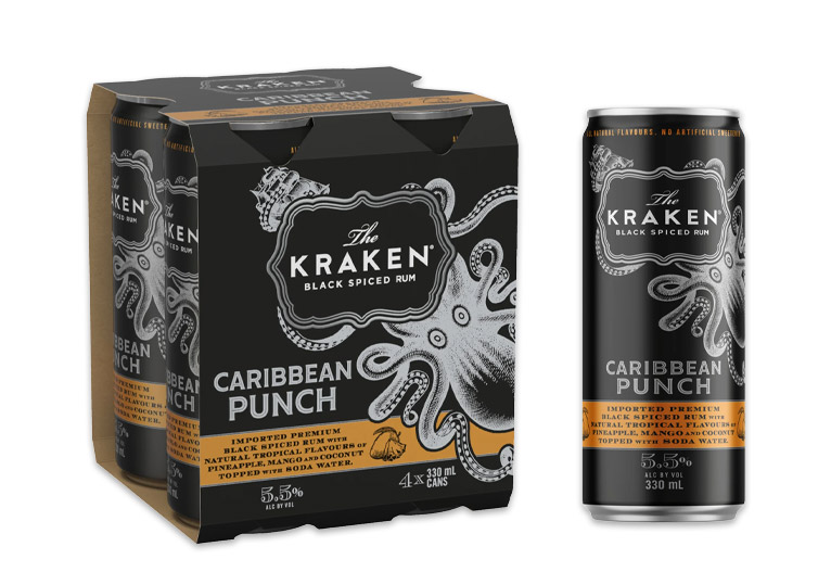 The Kraken Caribbean Punch cocktail cans. 