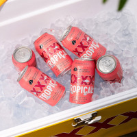 XXXX Tropical Lager cans in a bucket of ice.