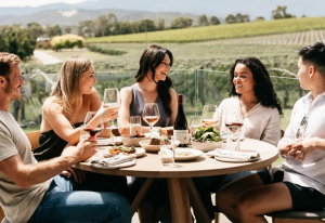 Group of people dining at Oakridge Yarra Valley winery outside.