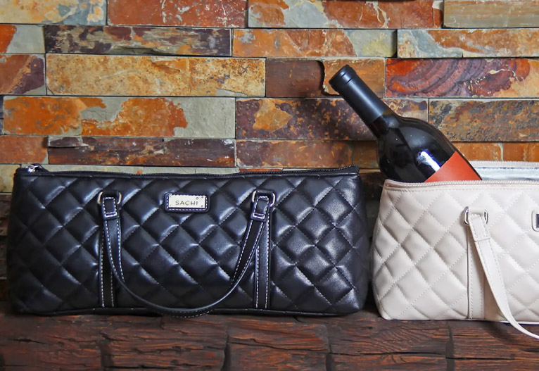 Insulated wine purses in black and cream.