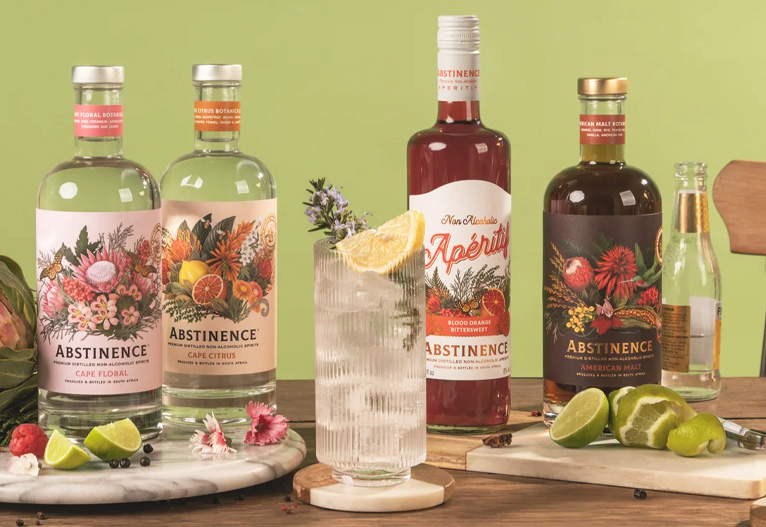 Abstinence non-alcoholic spirit bottles on a table.