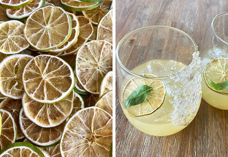 Dehydrated lime slices in a pile and in a margarita cocktail.