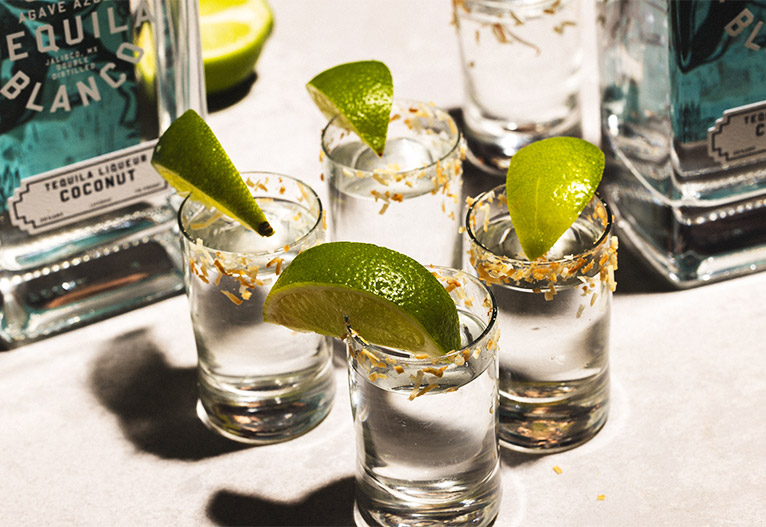 Shot glasses of El Toro Coconut Tequila.