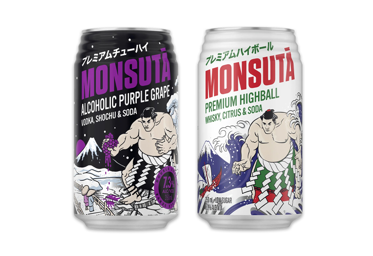 Monsuta Grape and Whiskey Highball varieties in cans.