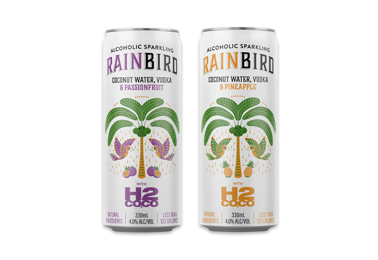 Rainbird H2coco passionfruit and pineapple cans.