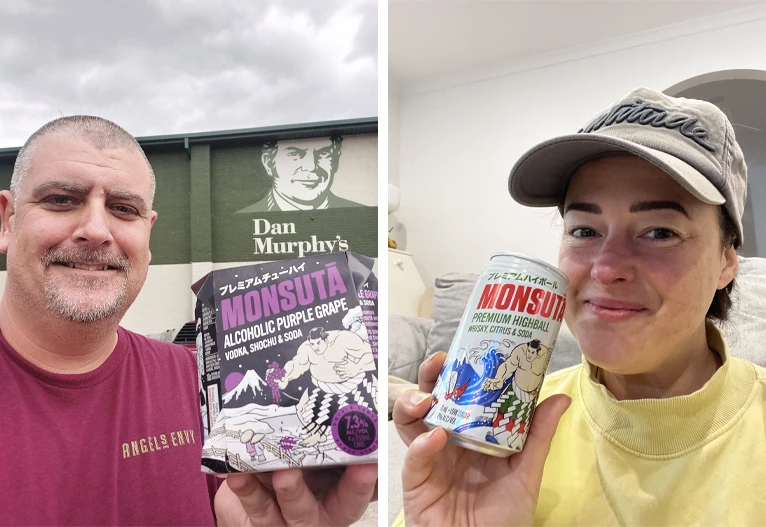 Man and woman trying Monsuta premixed alcoholic drinks.