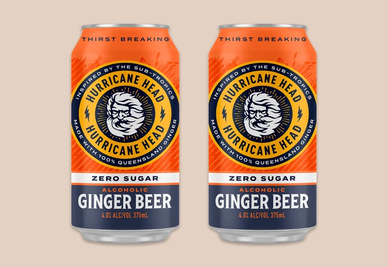Hurricane Head Zero Sugar Alcoholic Ginger Beer cans.