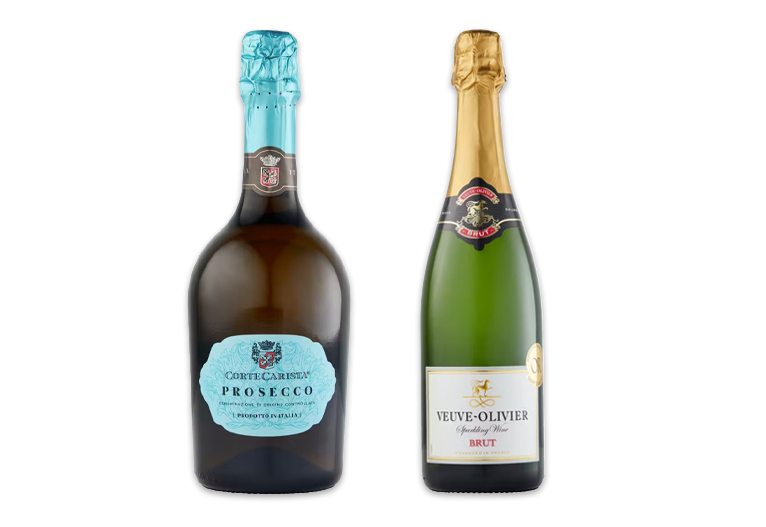 ALDI Corte Carista Prosecco Spumante and Veuve Olivier Sparkling Wine.