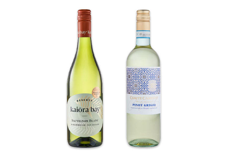 ALDI Kaira Bay Sauvignon Blanc and Corte Carista Delle Venezia Pinot Grigio.