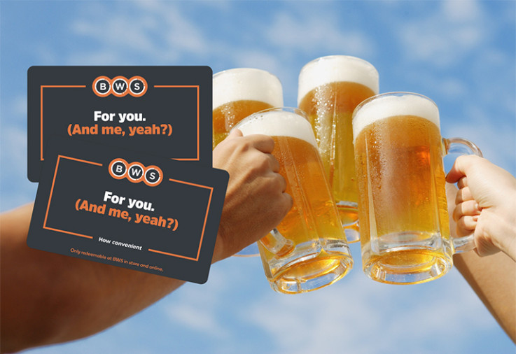 BWS Gift Cards next to hands holding jugs of beer towards the sky.