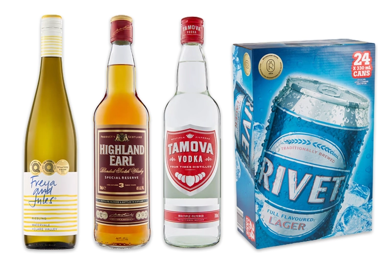 Assorted ALDI liquor products.