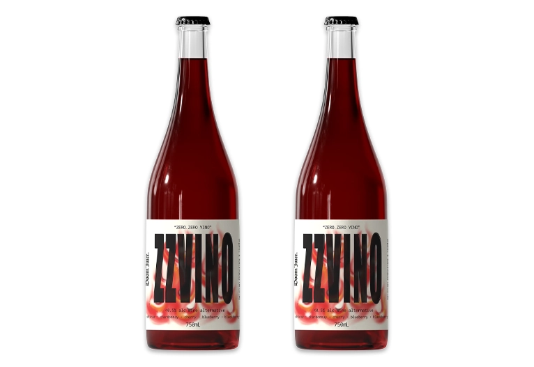 Doom Juice ZZVino zero-alcohol wine bottles.
