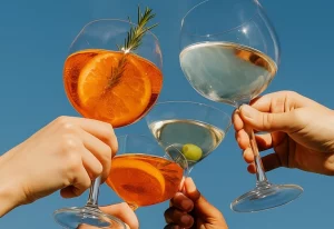 Hands holding up Lyres Zero-Alcohol cocktails in glasses.