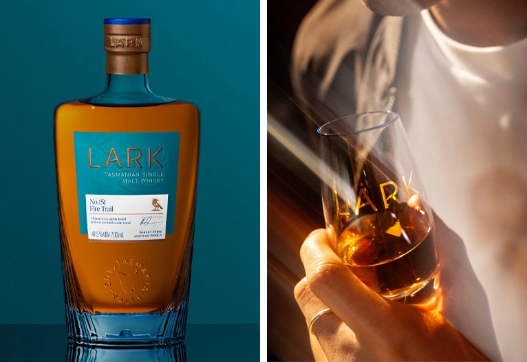 LARK Distillery Fire Trail Whisky bottle and glass.