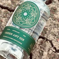 Bottle of Green Ant Gin on the ground.