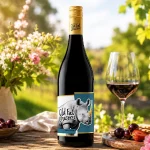 Old Fat Unicorn Pinot Noir wine on a tablescape background.
