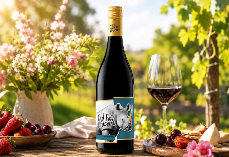 Old Fat Unicorn Pinot Noir wine on a tablescape background.